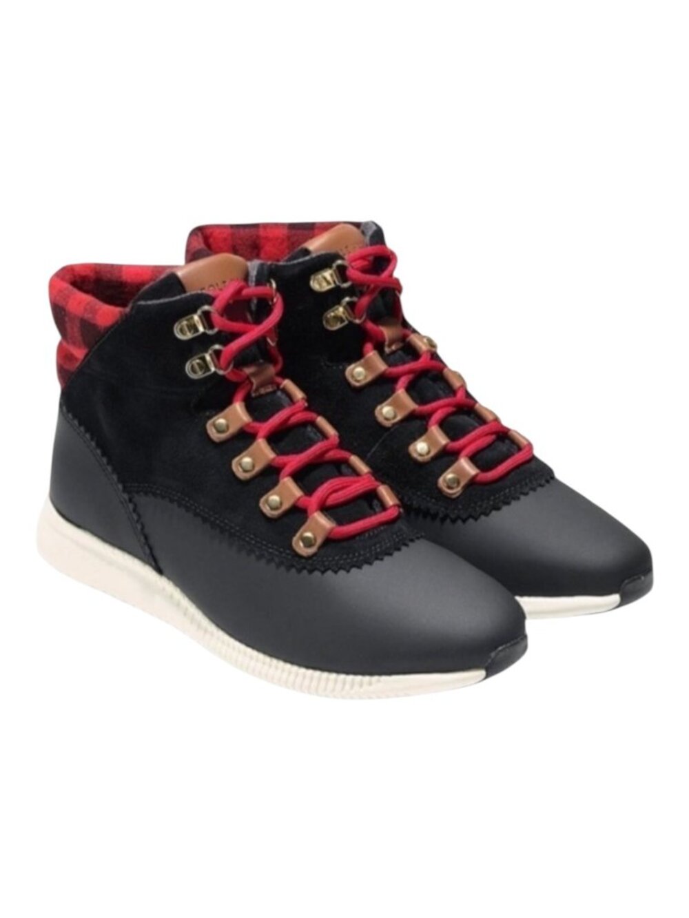 Cole Haan Black w/Buffalo Plaid Zerogrand Waterproof Leather Hiking Boots 10.5